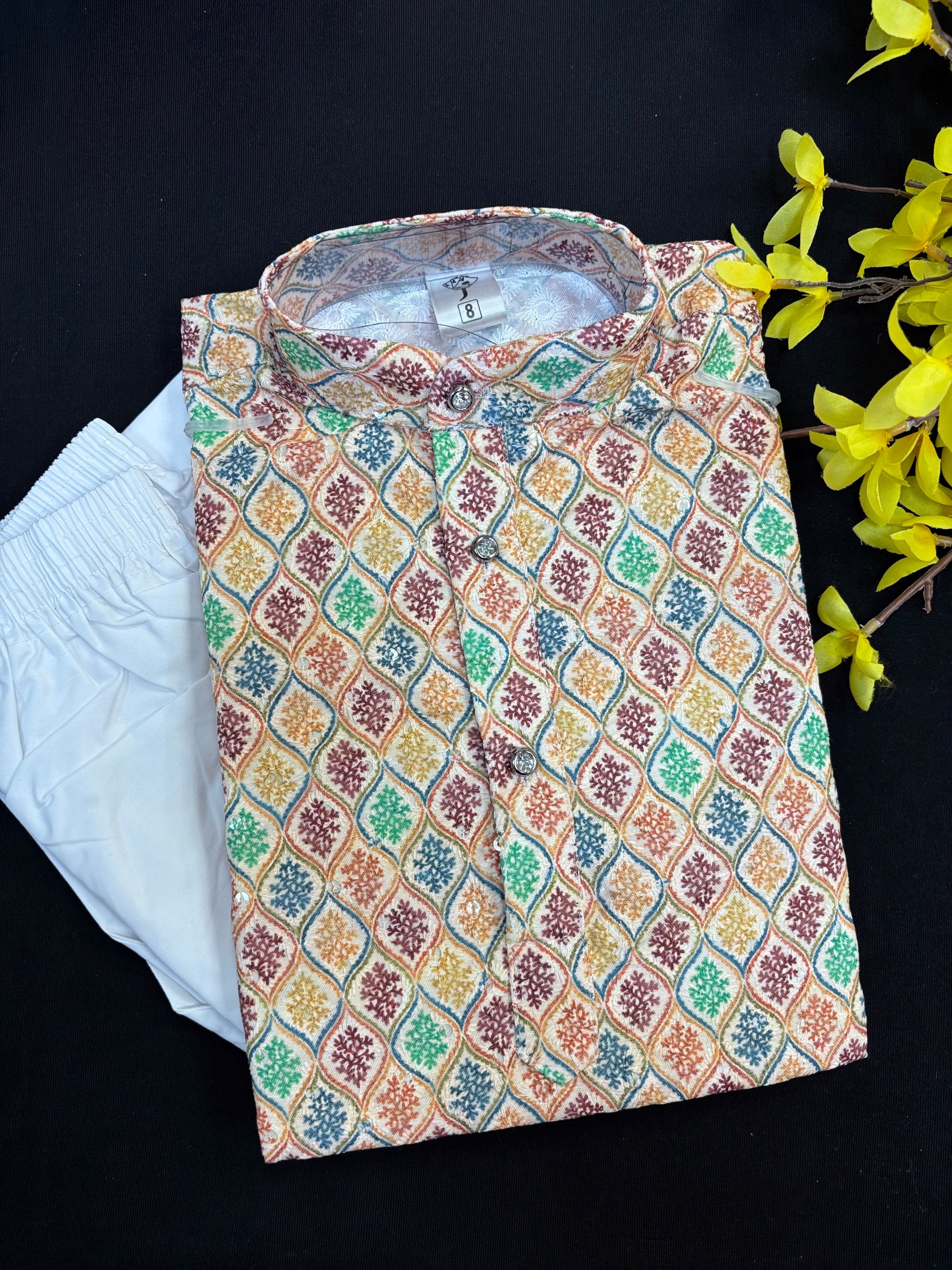 Boys Chikenkari work Digital Print Kurta set - Size 4 to 12 image 0